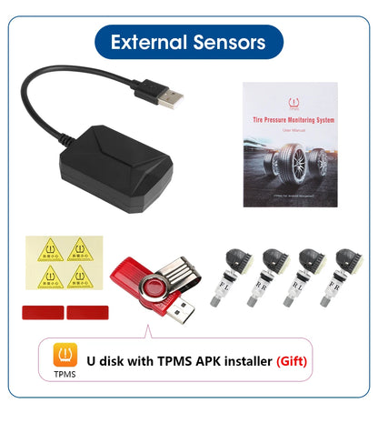 JMCQ USB Android TPMS Tire Pressure Monitoring System – 5 Internal/External Sensors with Display & Alarm for Car Navigation Radio