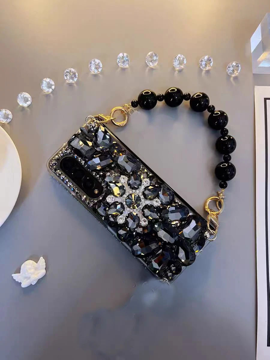 Luxury Crystal Diamond Phone Case for Samsung Galaxy Z Fold 6/5/4/3 – Pearl Wrist Strap & Stand Holder Cover