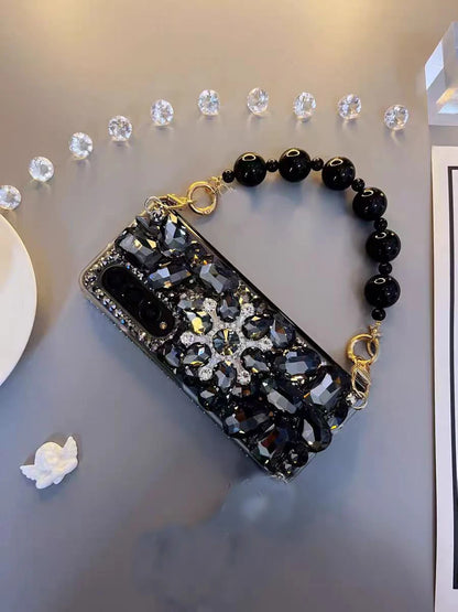 Luxury Crystal Diamond Phone Case for Samsung Galaxy Z Fold 6/5/4/3 – Pearl Wrist Strap & Stand Holder Cover