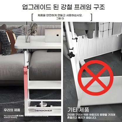 Double-Layer Movable Desk – Bedside Laptop Table with Storage Shelf, White Lift Office & Bedroom Desk
