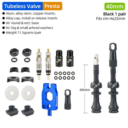 Bicycle Tubeless Presta Valve – Carbon Rim F/V Nipple with Detachable Brass Core & Cap for MTB Tires (40–80mm)