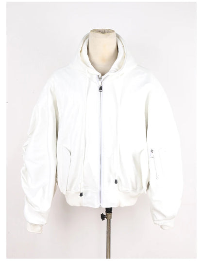 Mauroicardi Autumn Winter Oversized PU Leather Bomber Jacket for Men - Thickened Warm Hooded Luxury Designer Coat