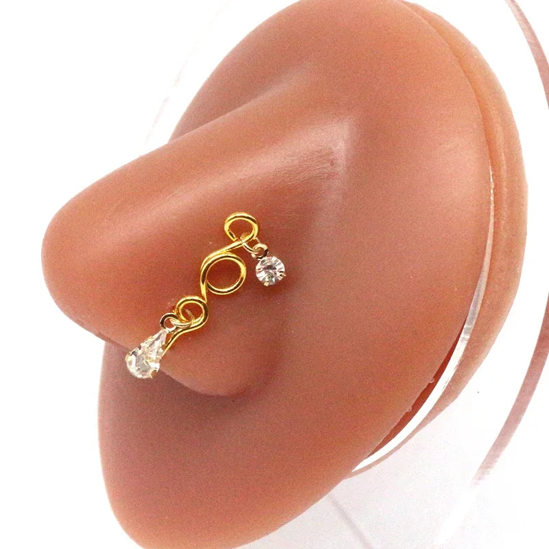 Nose Cuffs Fake Nose Ring – Brass Thread Bead Dangle Copper Clip-On Non-Piercing Body Jewelry for Women