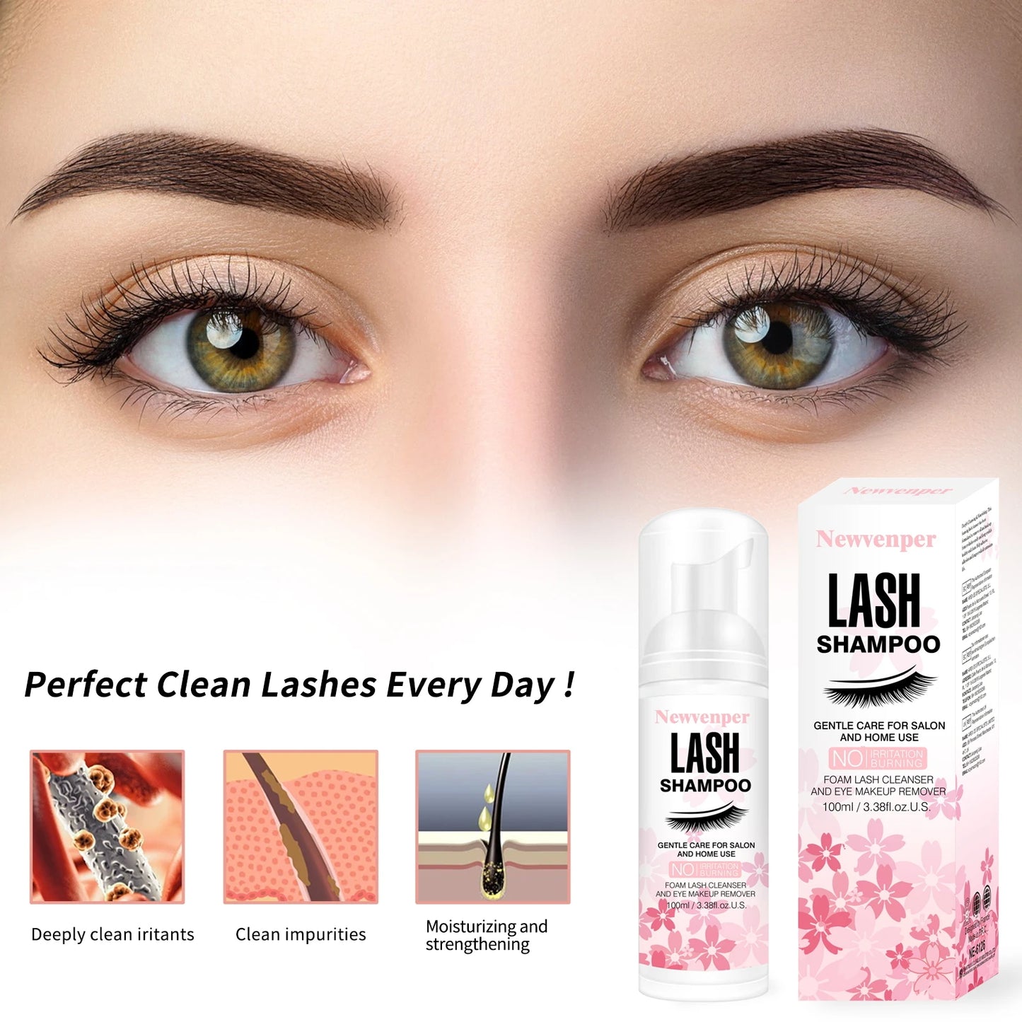 100ML Eyelash Lash Shampoo with Brush & Mascara Wand – Foaming Eyelid Cleanser for Extensions & Makeup Removal