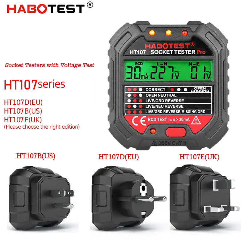 HT107 Outlet Socket Tester - Digital Plug AC Voltage Detector | 30mA R ...