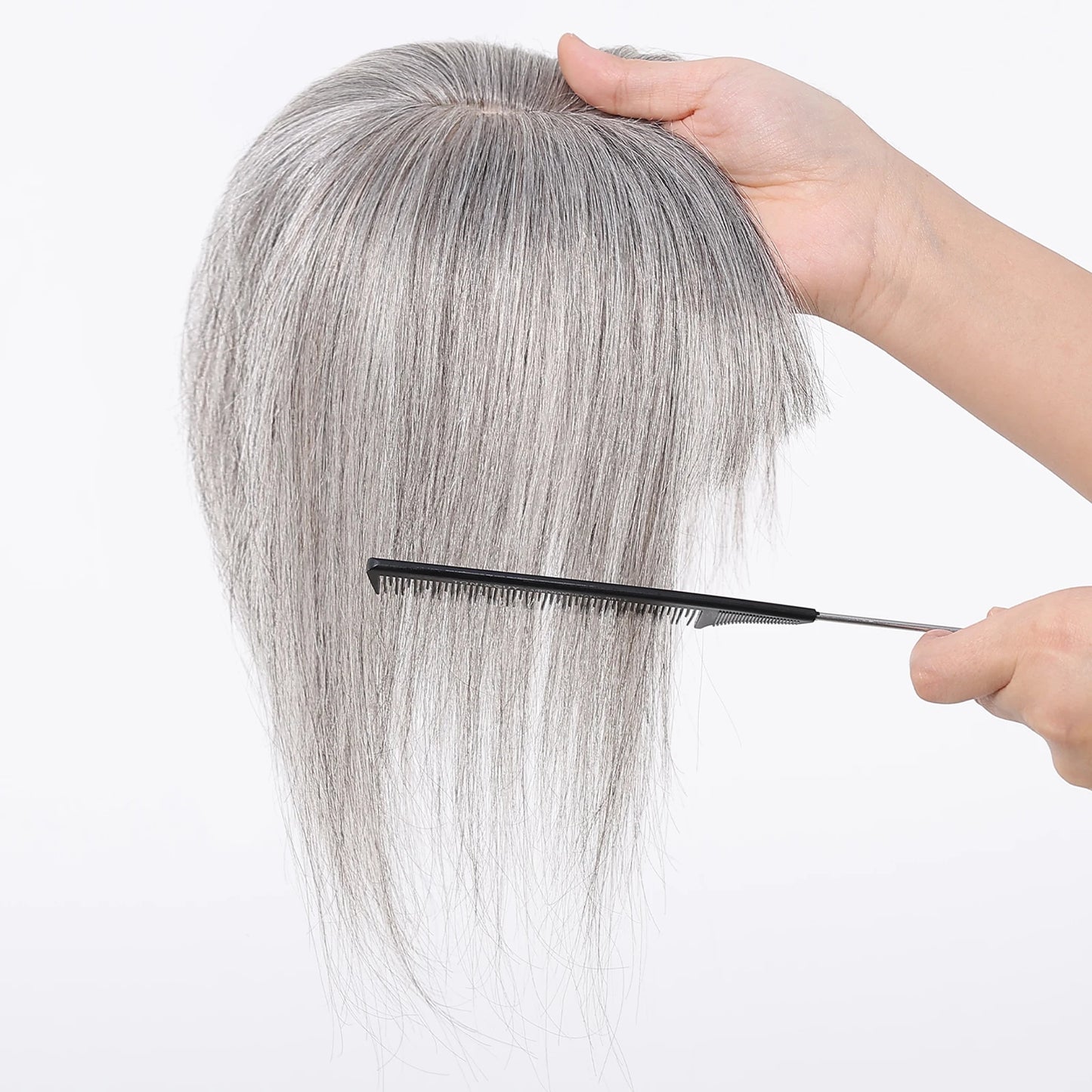 Light Grey Human Hair Topper with Thick Bangs – Clip-In 360° Coverage Hair Extensions for Women