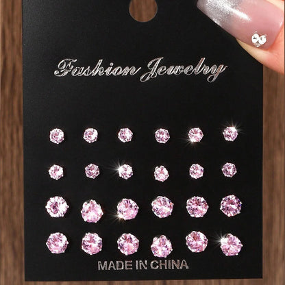 12 Pairs Luxury Zirconia Earrings – Elegant Shiny Stud Set for Parties, Gifts, and Couples