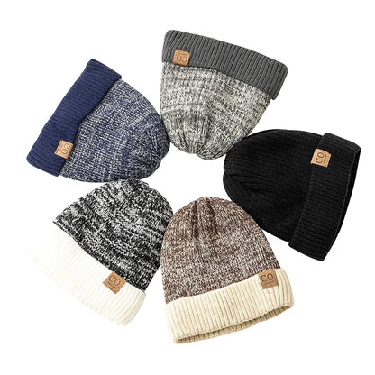 Unisex Two-Tone Winter Beanie Hat - Fur-Lined Knitted Cap for Men and Women, Casual Fashion Warmth