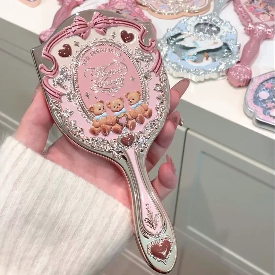 Flower Knows Sweetie Bear Handheld Mirror – 3 Styles, Exquisite Relief Design, Cute HD Makeup Tool