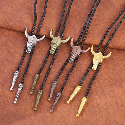 Golden Bolo Tie for Men – Adjustable Cowboy Garment Accessory with Bull Head Pendant, Western Style Necklace