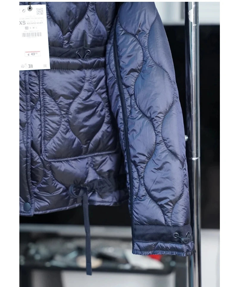 2024 ETJ Quilted Women's Coat – Beige Drawstring High Neck Jacket with Ties & Pockets