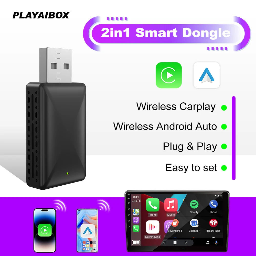 PLAYAIBOX Android Auto Wireless CarPlay Adapter - 2-in-1 Wireless Plug and Play for Benz, Audi, Kia, Chery, Jeep, Volvo, Hyundai, Porsche, VW