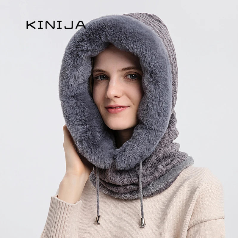 Winter Fur Cap Mask Set – Hooded Knitted Cashmere Neck Warmer, Plush Windproof Balaclava Ski Beanie for Women