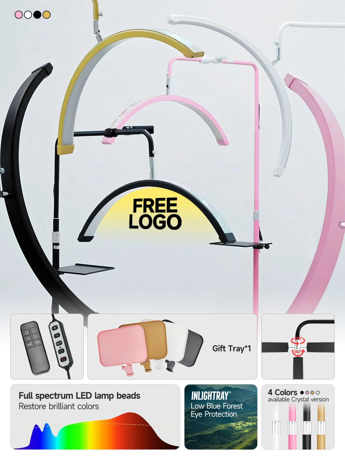 23" OEM 45W LED Eyelash Extension Lamp – Adjustable Brightness Half-Moon Bed Lamp with Ring Light & Free Logo