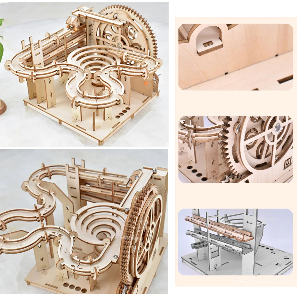 3D Wooden Puzzle DIY Mechanical Model Kit – Marble Run Set with 4 Balls, Assemble Toys for Adults & Kids, Unique Gifts