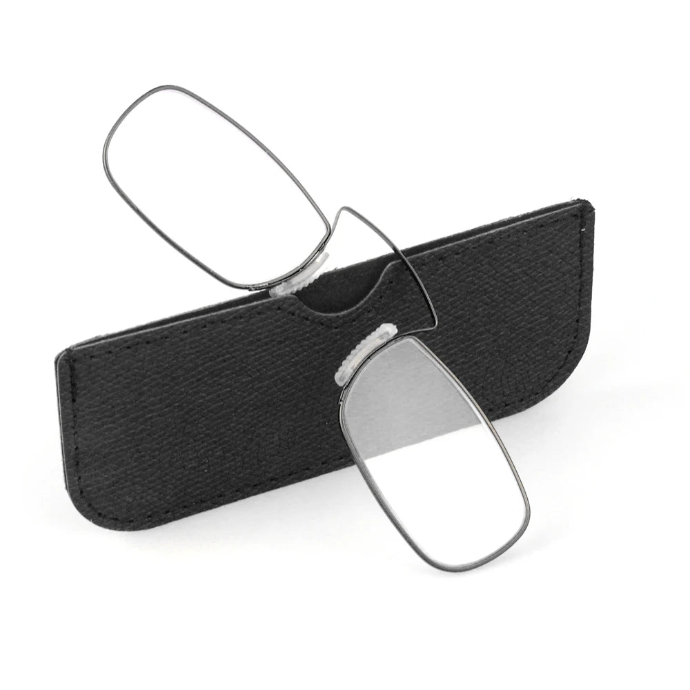 Portable Rectangle Reading Glasses for Men — Clip-On Nose Bridge Metal Frame with Case, Prescription +1 to +3