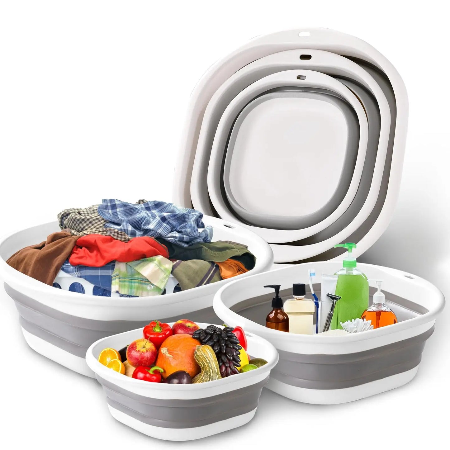 3-Pack Collapsible Tub Wash Basin & Laundry Baskets – Space-Saving Storage Containers for Camping, Hiking, Home & Fruit Washing