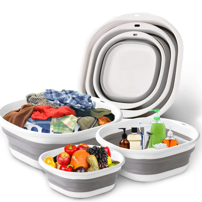 3-Pack Collapsible Tub Wash Basin & Laundry Baskets – Space-Saving Storage Containers for Camping, Hiking, Home & Fruit Washing