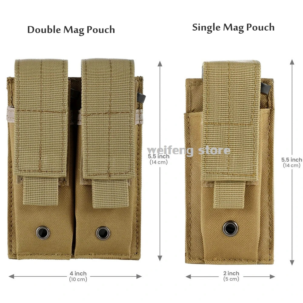 9mm Tactical Magazine Pouch - MOLLE Single & Double Mag Bag, Open-Top Pouch for Glock, M1911, 92F, Torch & Triple Bag