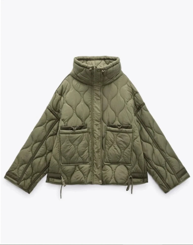 2024 ETJ Quilted Women's Coat – Beige Drawstring High Neck Jacket with Ties & Pockets