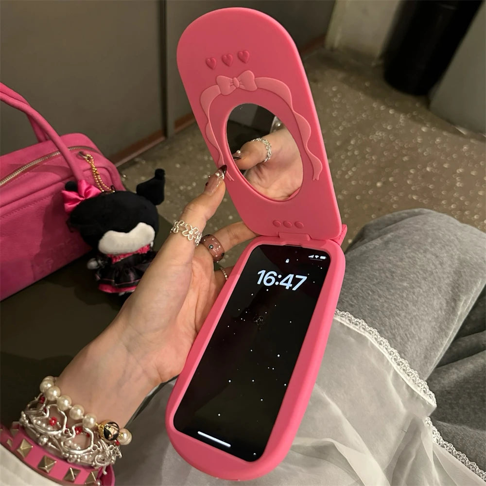 3D Hot Pink Bow Flip Mirror Silicone Case: Cute Cellphone Model Cover for iPhone 15 14 13 12 Pro Max 11 - Shockproof Soft Gift