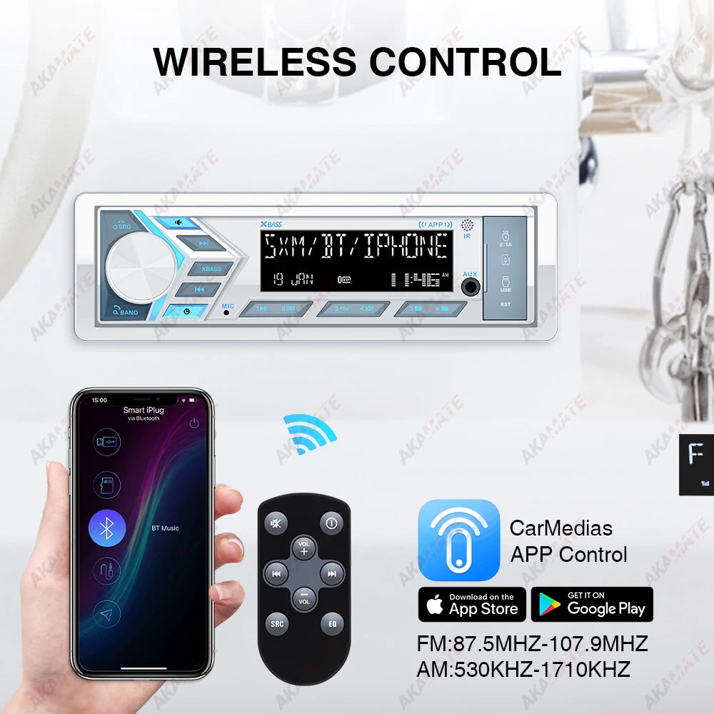 AKAMATE 1Din Boat Radio — Bluetooth Marine Media Stereo Player with AUX, USB, Remote Control, FM/AM for RV, ATV, UTV, SPA, RZR