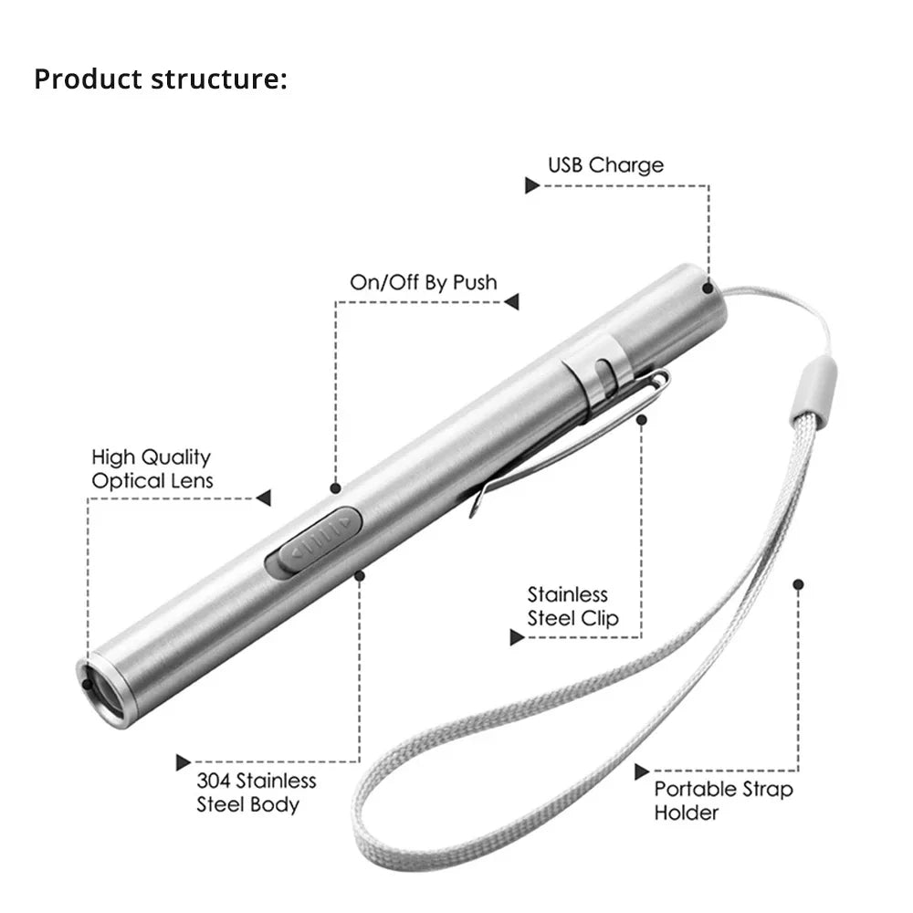 Mini Portable LED Pen Light — USB Rechargeable Medical Flashlight with Stainless Steel Clip for Dentist & Nurse Use