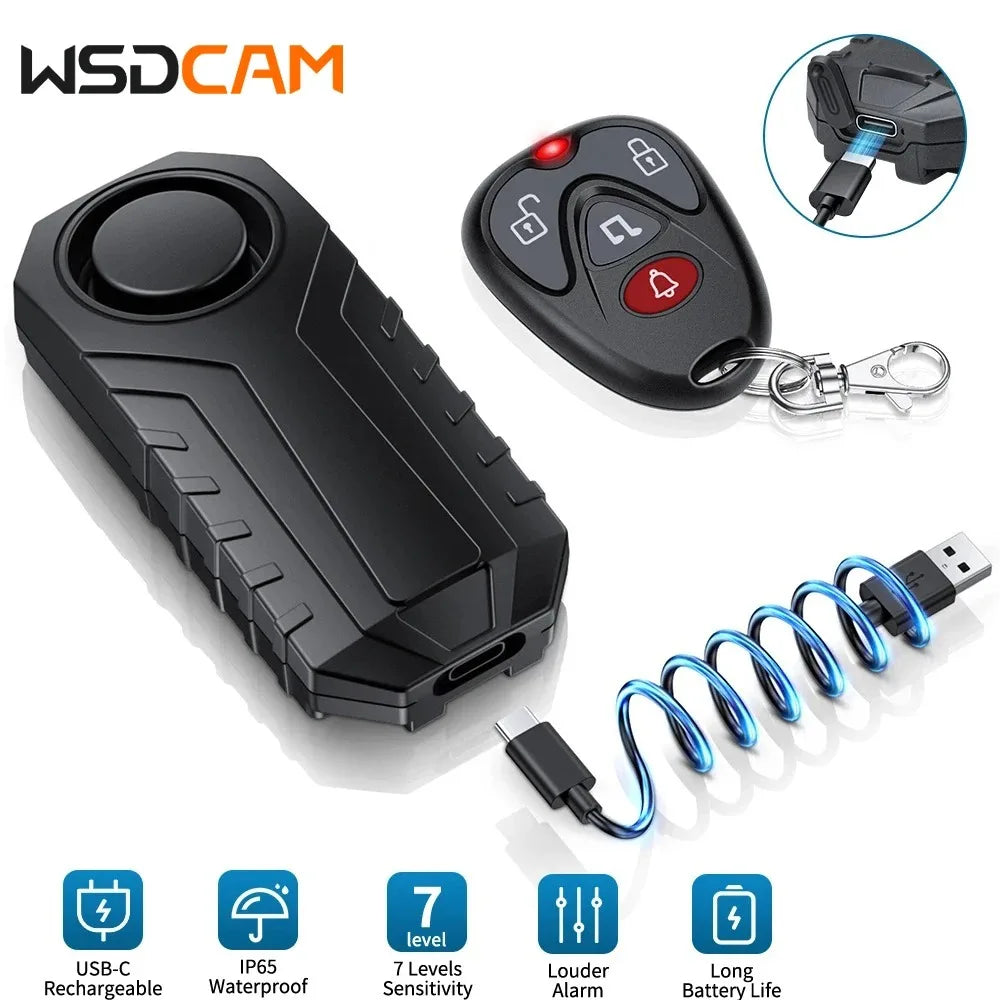 Wsdcam Vibration Bicycle Alarm – USB Rechargeable Anti-Theft Motorcycle Bike Alarm 113 dB Waterproof with Remote Control