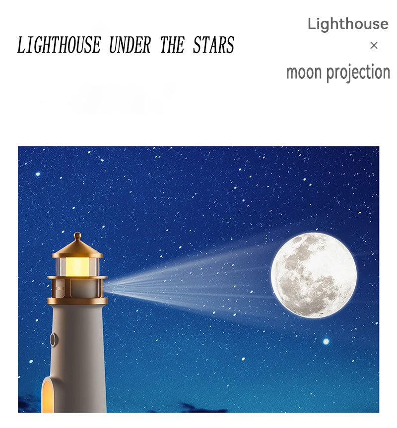 Moon Lamp Projection Night Light – Lighthouse Design with Bluetooth Music, Remote Control & Motion Sensor, Ambient Light for Xmas & Birthday Gift