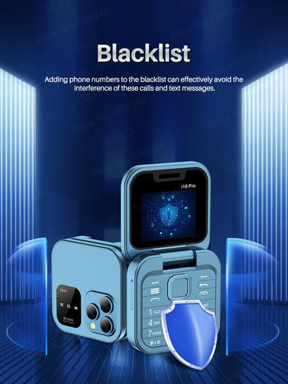 SERVO I16 Pro Mini Fold Mobile Phone — Dual SIM 2G GSM Flip Cellphone with Speed Dial, FM, 3.5mm Jack & Video Player