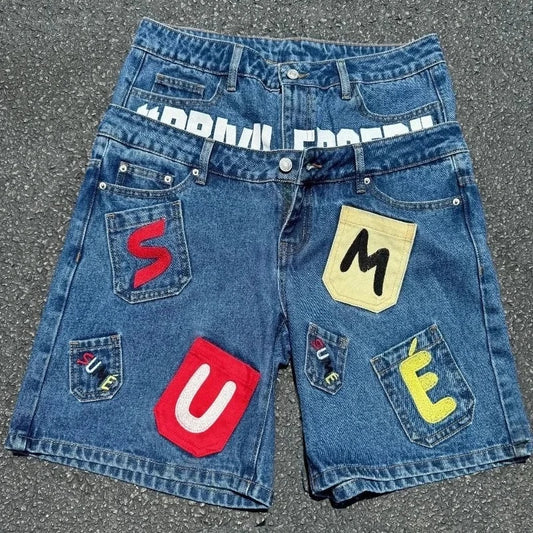 Deeptown Vintage Patchwork Denim Jorts — Y2K Baggy Streetwear Shorts for Men & Women