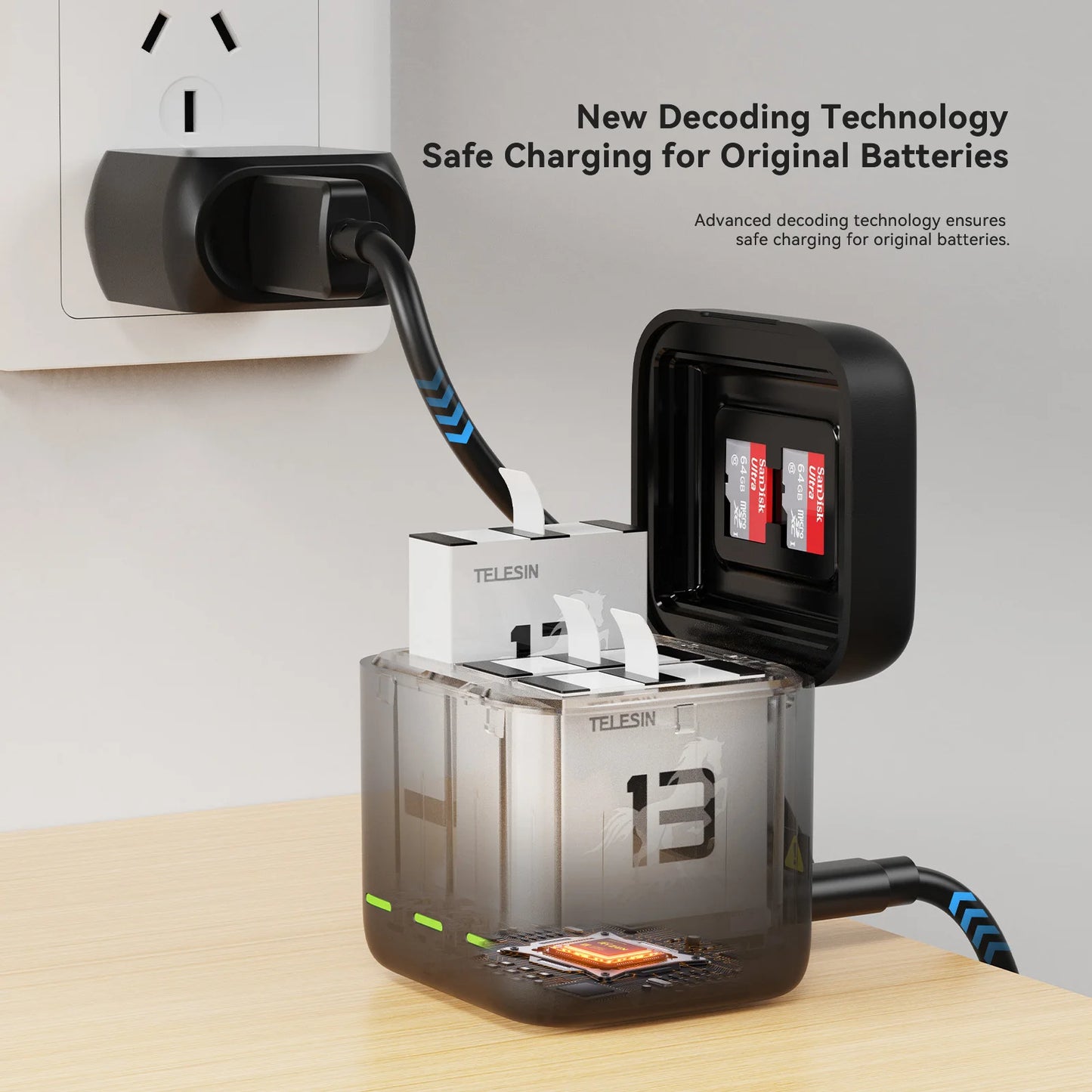 TELESIN 3-Slot Fast Battery Charger for GoPro Hero 13 – Portable Charging Dock for Action Camera Accessories