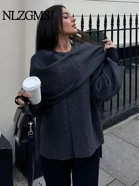 TRAF 2023 Winter Women's Scarf Coat – Long Sleeve, Knitted Asymmetric Jacket, Streetwear Casual Outerwear