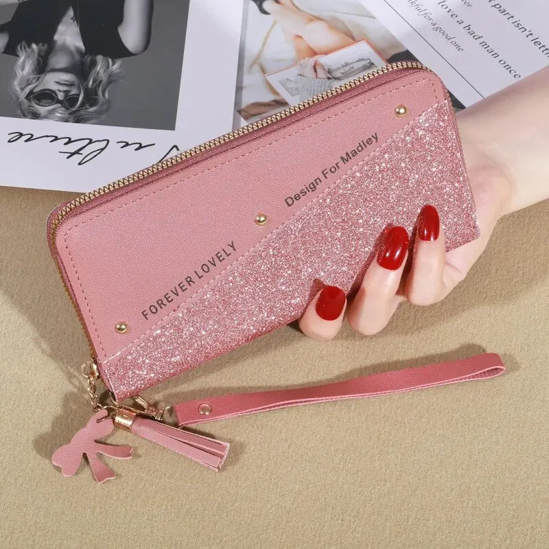 KISMIS New Long Women's Zipper Wallet - Korean Style with Color Contrast, Tassel and Rivet Details