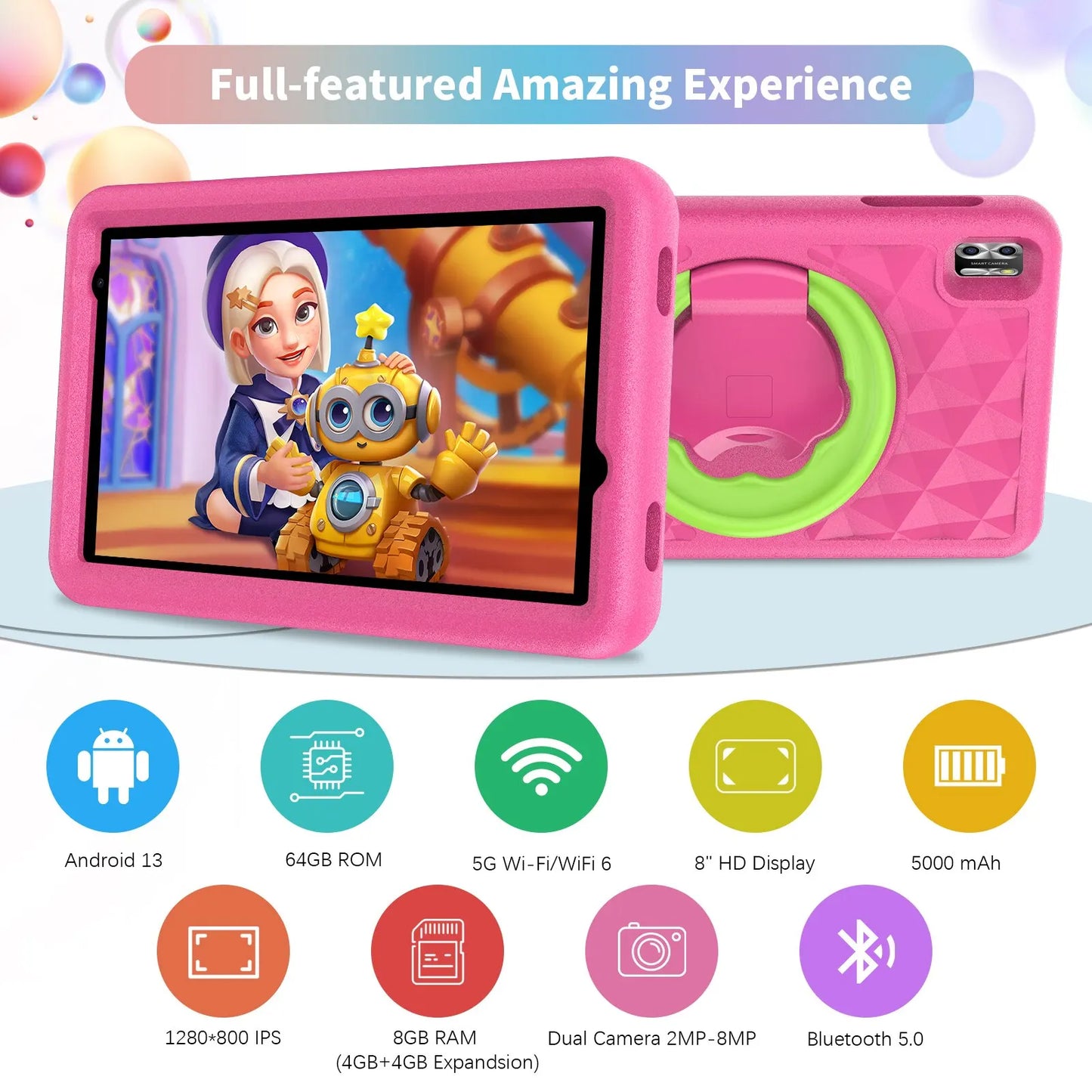 VASOUN Kids Tablet 8 Inch – Android 13, Quad-Core, 8GB RAM (4+4 Expand), 64GB ROM, 5000mAh, Dual Camera, WiFi, Parental Control