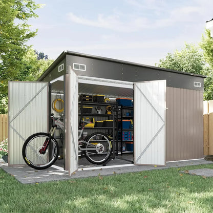 11.5'x7.5' Outdoor Metal Storage Shed – Triple Lockable Door with Sloping Roof for Tools & Bicycles
