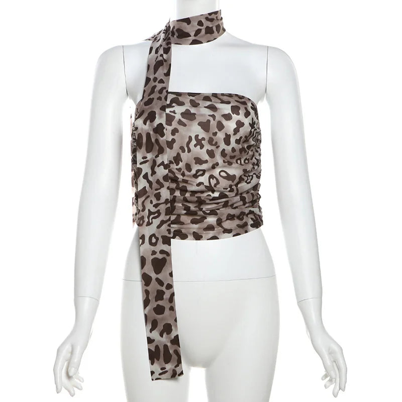 Women’s Tulle Leopard Print Off-Shoulder Top – Summer Casual Bandeau Blouse with Straight-Cut Neckline