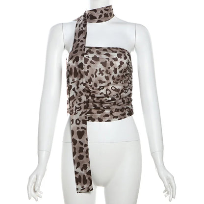 Women’s Tulle Leopard Print Off-Shoulder Top – Summer Casual Bandeau Blouse with Straight-Cut Neckline