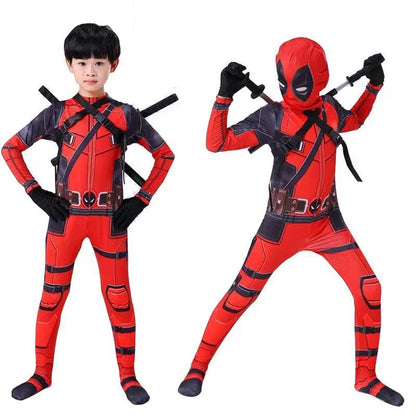 Adult & Kids Deadpool Cosplay Costume – Superhero Jumpsuit with Mask & Swords for Boys