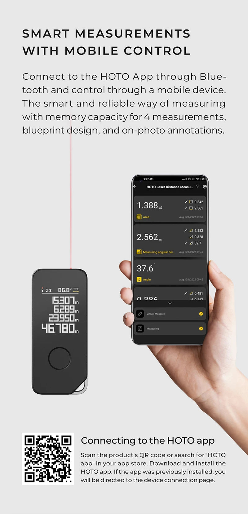 HOTO Smart Laser Measure Pro, LED Display Digital Laser Tape Measuring ...