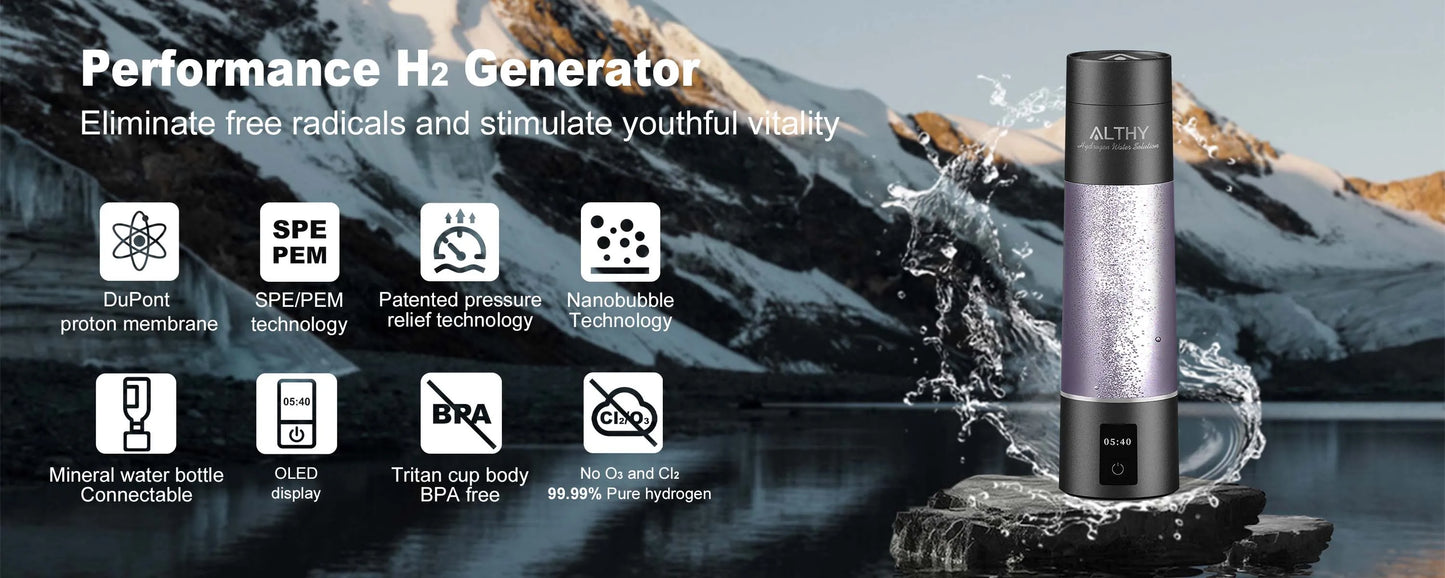 ALTHY Molecular Hydrogen Water Generator Bottle - DuPont SPE&PEM Dual Chamber Ionizer with Charging & Time Display