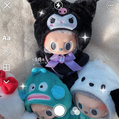 Labubu HelloKitty Clothes Suit – Sitting Party Cape Dress & Monster Vinyl Doll Outfit with Hat and Accessories