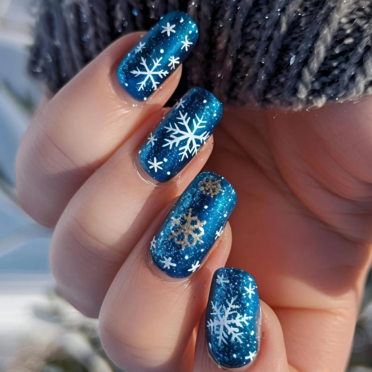 Medium Long Christmas Fake Nails – Square & Almond Tips with Tree, Snowflake & Snowman Designs