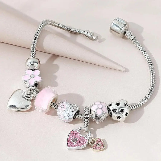 Obega Love Heart & Flower Glass Pendant Charm Bracelet - Adjustable Pink & White Crystal Stone Bead Bracelet in Silver/Gold