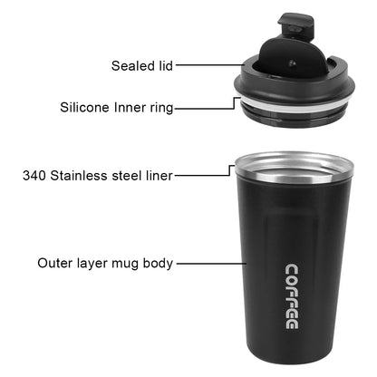 Double Stainless Steel Coffee Mug – Car Thermos, 380/510ML, Leak-Proof Travel Thermo Cup for Tea, Water, Coffee