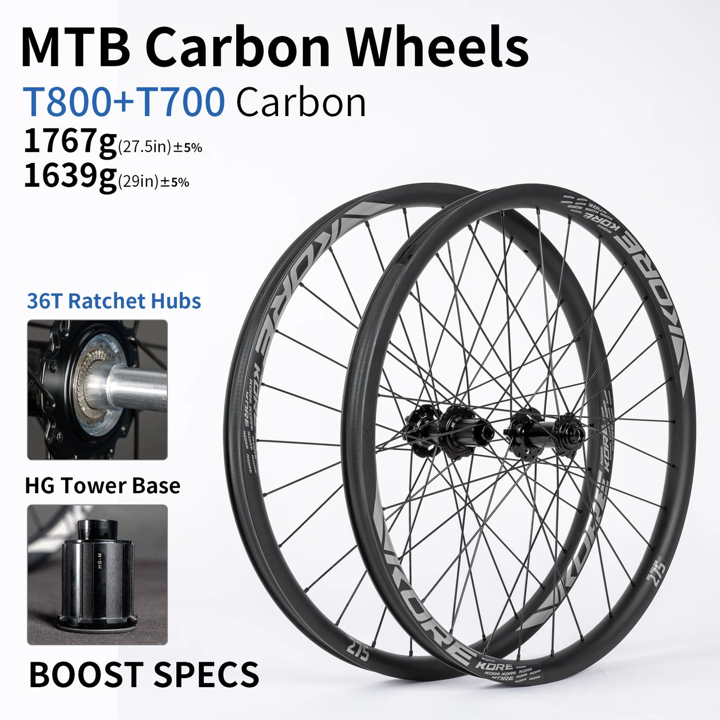 KORE MTB Carbon Wheelset – 27.5/29in Enduro & Downhill with 36T Ratchet HG Hub, BOOST, 28H, 30–36mm Width