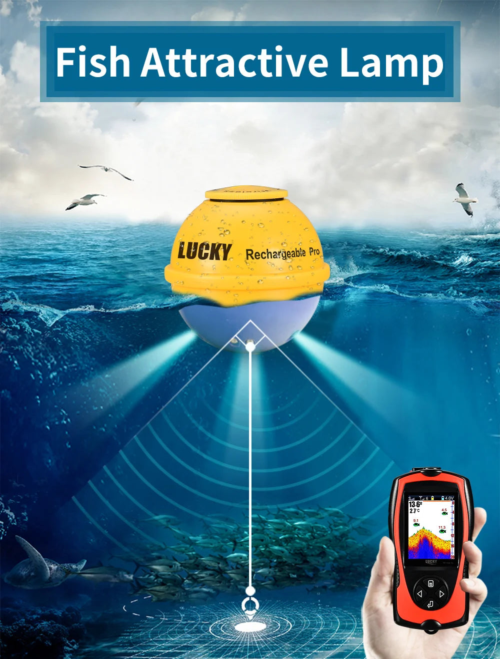 Lucky Sonar Fish Finder FF1108-1CWLA – Rechargeable Wireless Sensor, 45M Depth Echo Sounder for Portable Fishing
