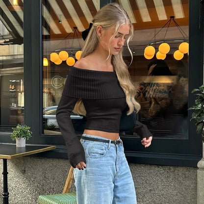 WhereMery Elegant Slash-Neck Ribbed Crop Top – Y2K Off-Shoulder Long Sleeve Camisole, Autumn Skinny French Style T-Shirt