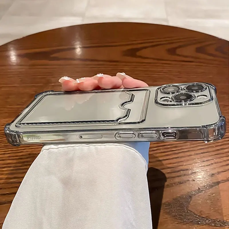 Transparent Card Slot Bag Holder Case for iPhone 16/15/14/13/12/11 Pro Max, Mini, X, XR, 7, 8 Plus | Clear Shockproof Soft Wallet Cover