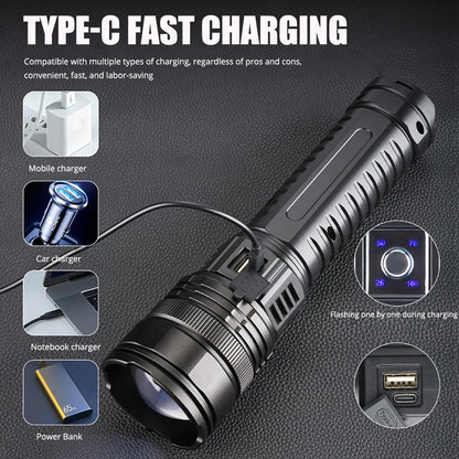 1000W Tactical LED Flashlight – Built-in 15000mAh Battery Emergency Spotlight, 9km Beam, 990,000,000LM Super Bright Torch